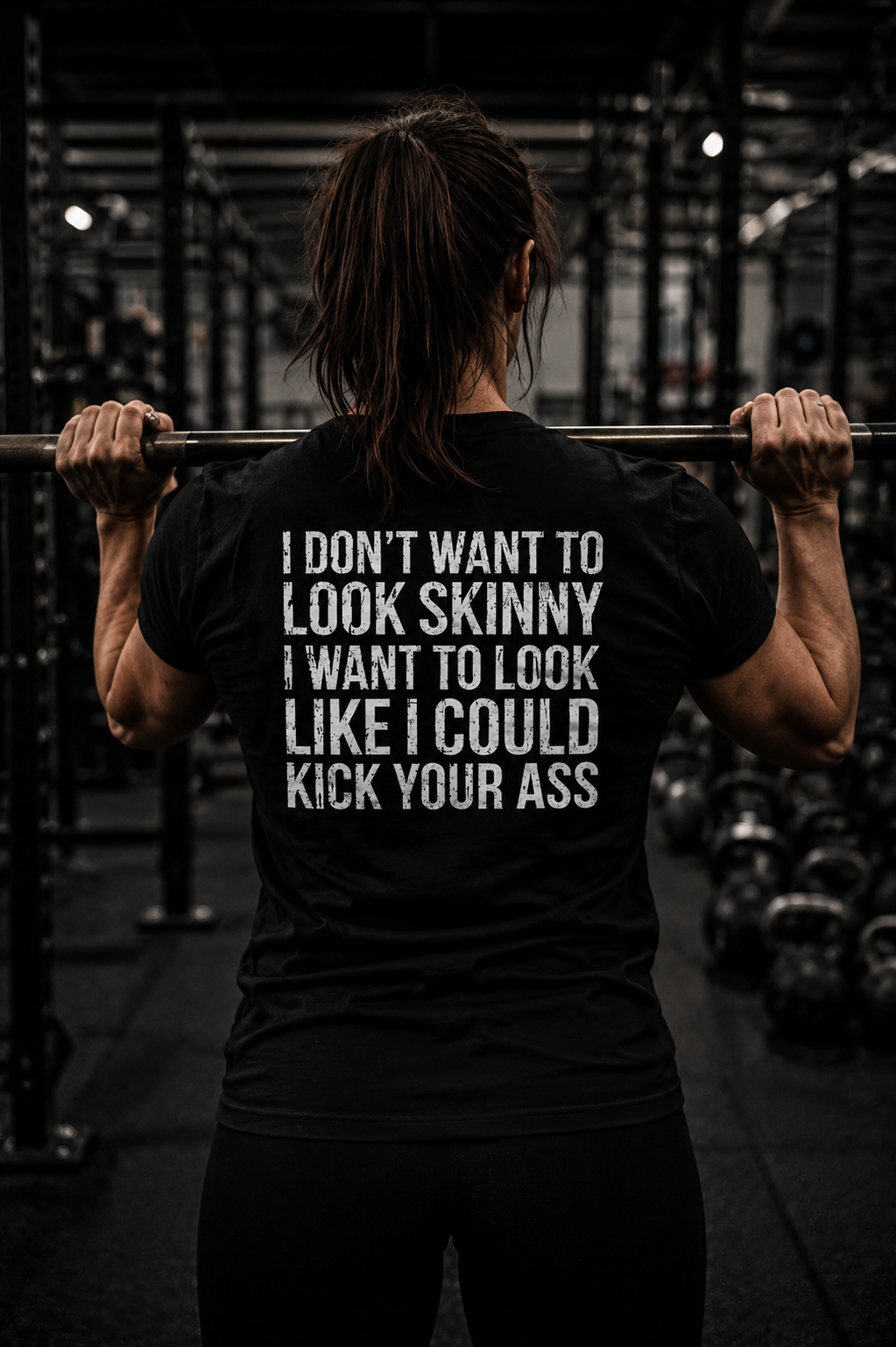 I DON’T WANT TO LOOK SKINNY I WANT TO LOOK LIKE I CAN KICK YOUR ASS  - Unisex Softstyle T-Shirt - Distressed White Logo on Front Plain Back