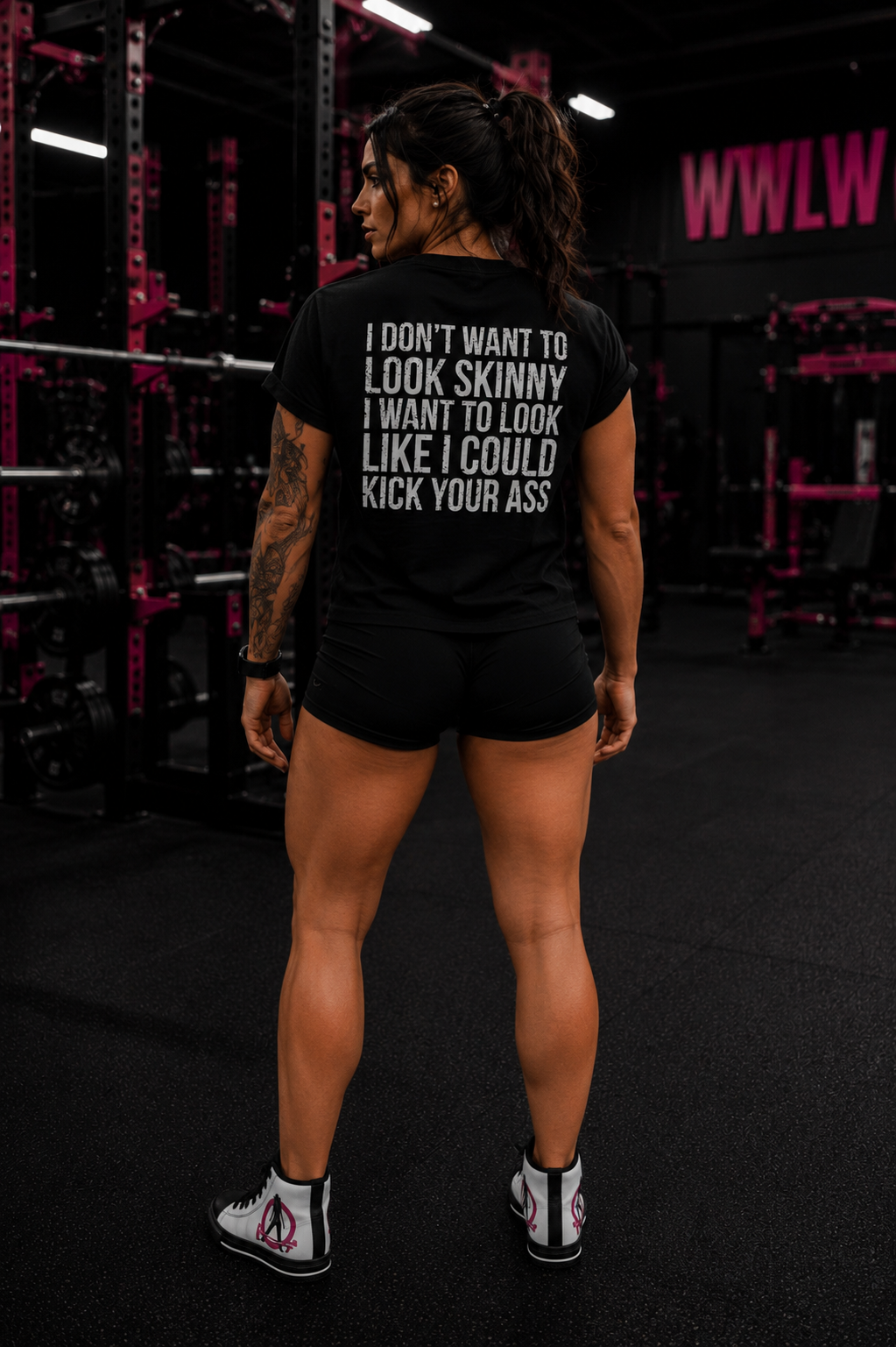 I DON’T WANT TO LOOK SKINNY I WANT TO LOOK LIKE I CAN KICK YOUR ASS  - Unisex Softstyle T-Shirt - Distressed White Logo on Front Plain Back