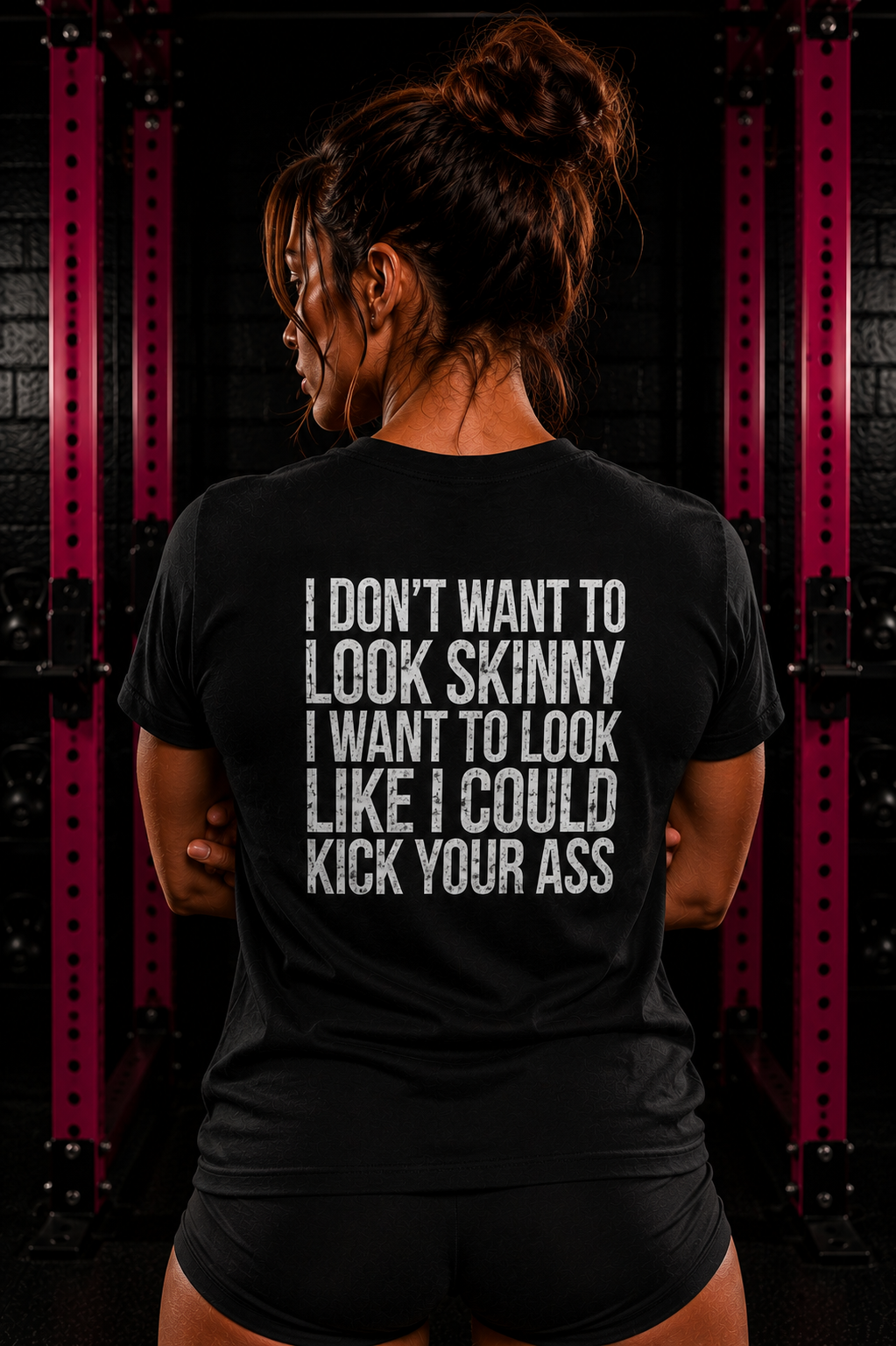 I DON’T WANT TO LOOK SKINNY I WANT TO LOOK LIKE I CAN KICK YOUR ASS  - Unisex Softstyle T-Shirt - White Print on Front Plain Back