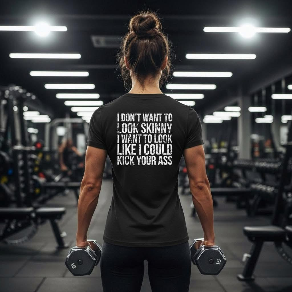I DON'T WANT TO LOOK SKINNY I WANT TO LOOK LIKE I CAN KICK YOUR ASS - Women's Softstyle Tee - Distressed White Logo