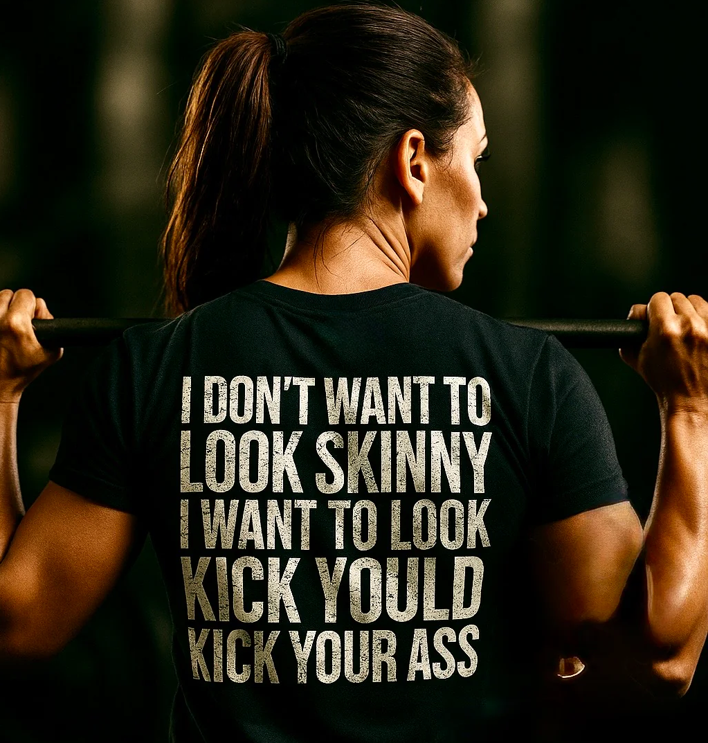 I DON’T WANT TO LOOK SKINNY I WANT TO LOOK LIKE I CAN KICK YOUR ASS  - Unisex Softstyle T-Shirt - Distressed White Logo on Front Plain Back
