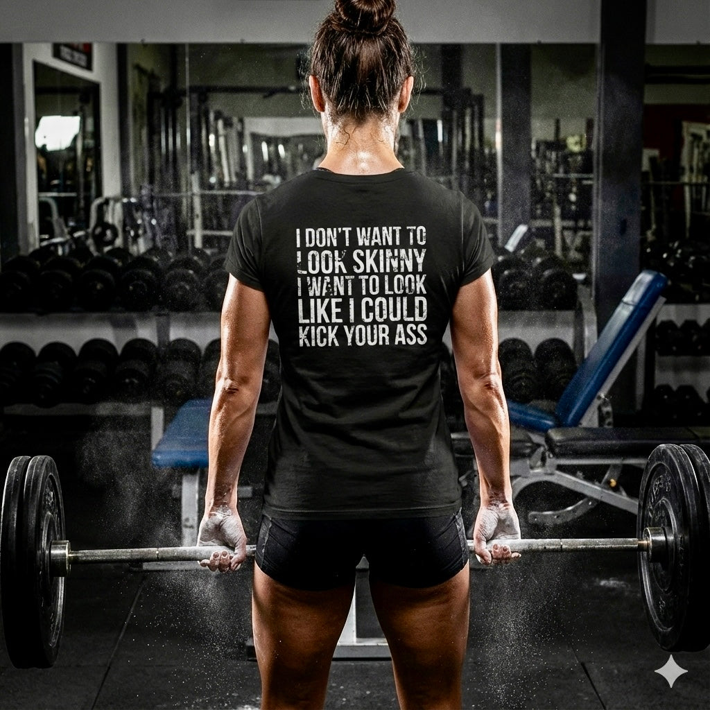 I DON'T WANT TO LOOK SKINNY I WANT TO LOOK LIKE I CAN KICK YOUR ASS - Women's Softstyle Tee - Distressed White Logo