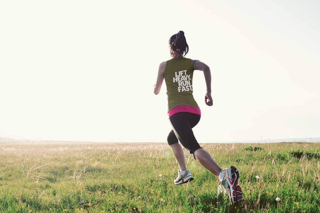 Lift Heavy - Run Fast - Racer Back Tank Top - Women's Ideal Racerback Tank (White Front & Back Logo)