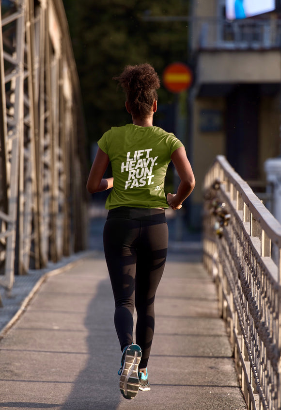 Lift Heavy Run Fast - Women's Softstyle Tee - White Front & Back Logo