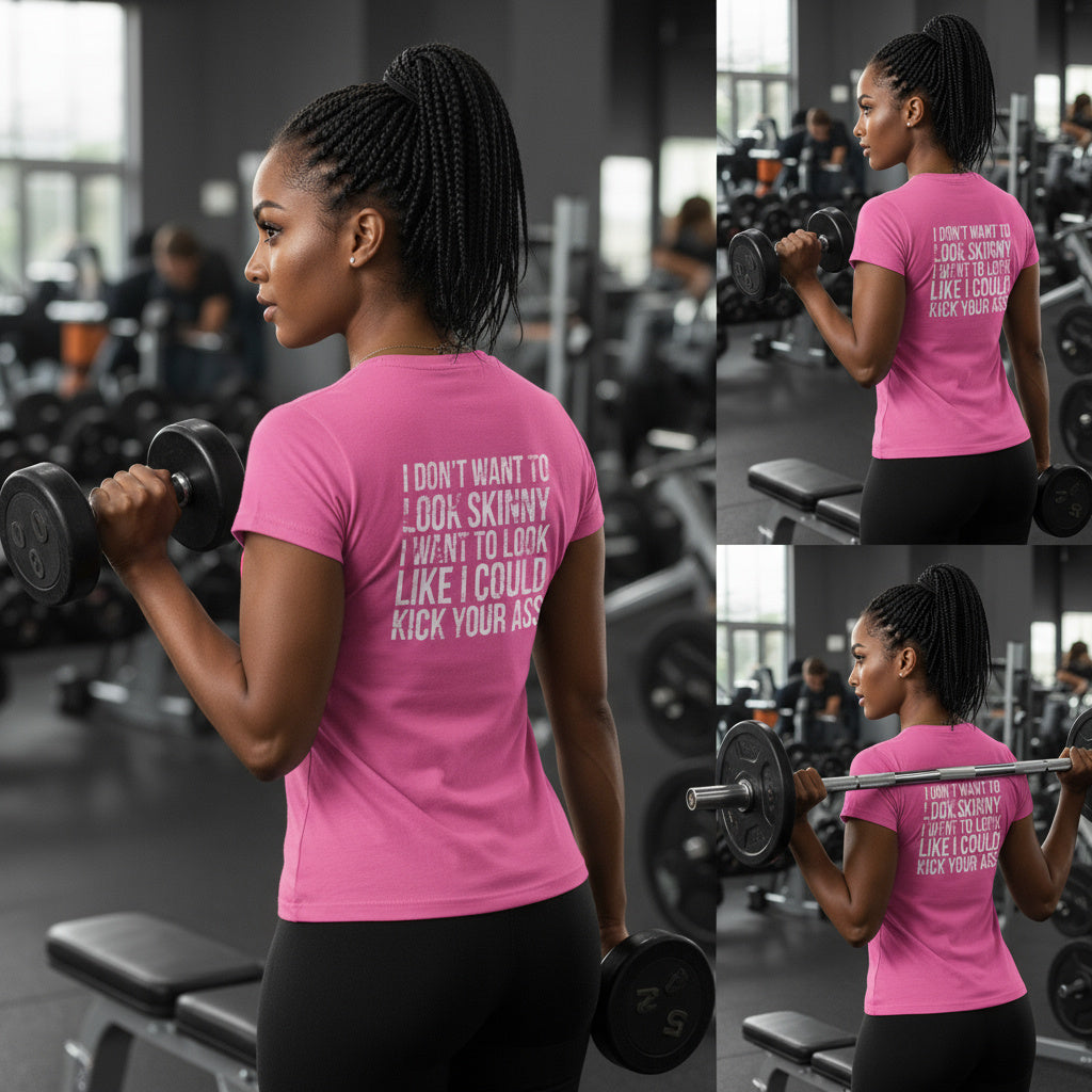 I DON'T WANT TO LOOK SKINNY I WANT TO LOOK LIKE I CAN KICK YOUR ASS - Women's Softstyle Tee - Distressed White Logo