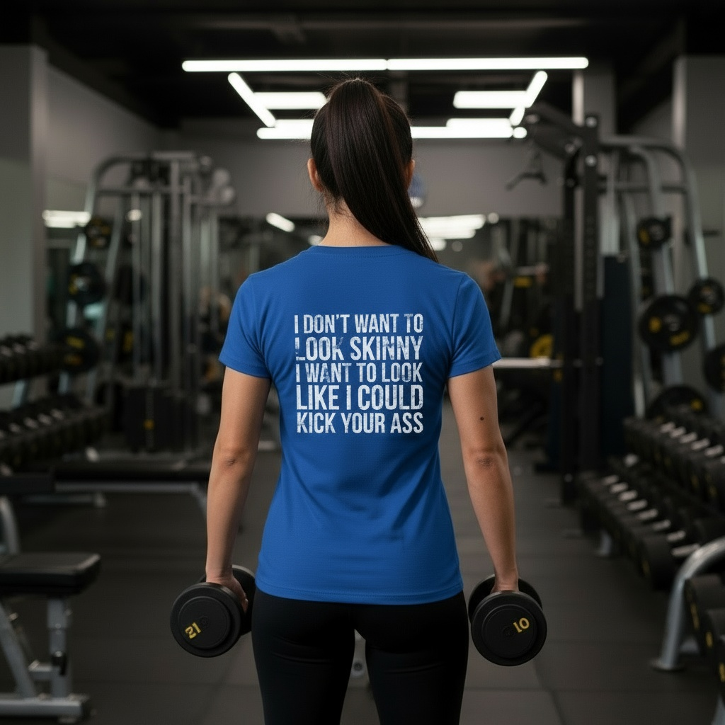 I DON'T WANT TO LOOK SKINNY I WANT TO LOOK LIKE I CAN KICK YOUR ASS - Women's Softstyle Tee - Distressed White Logo