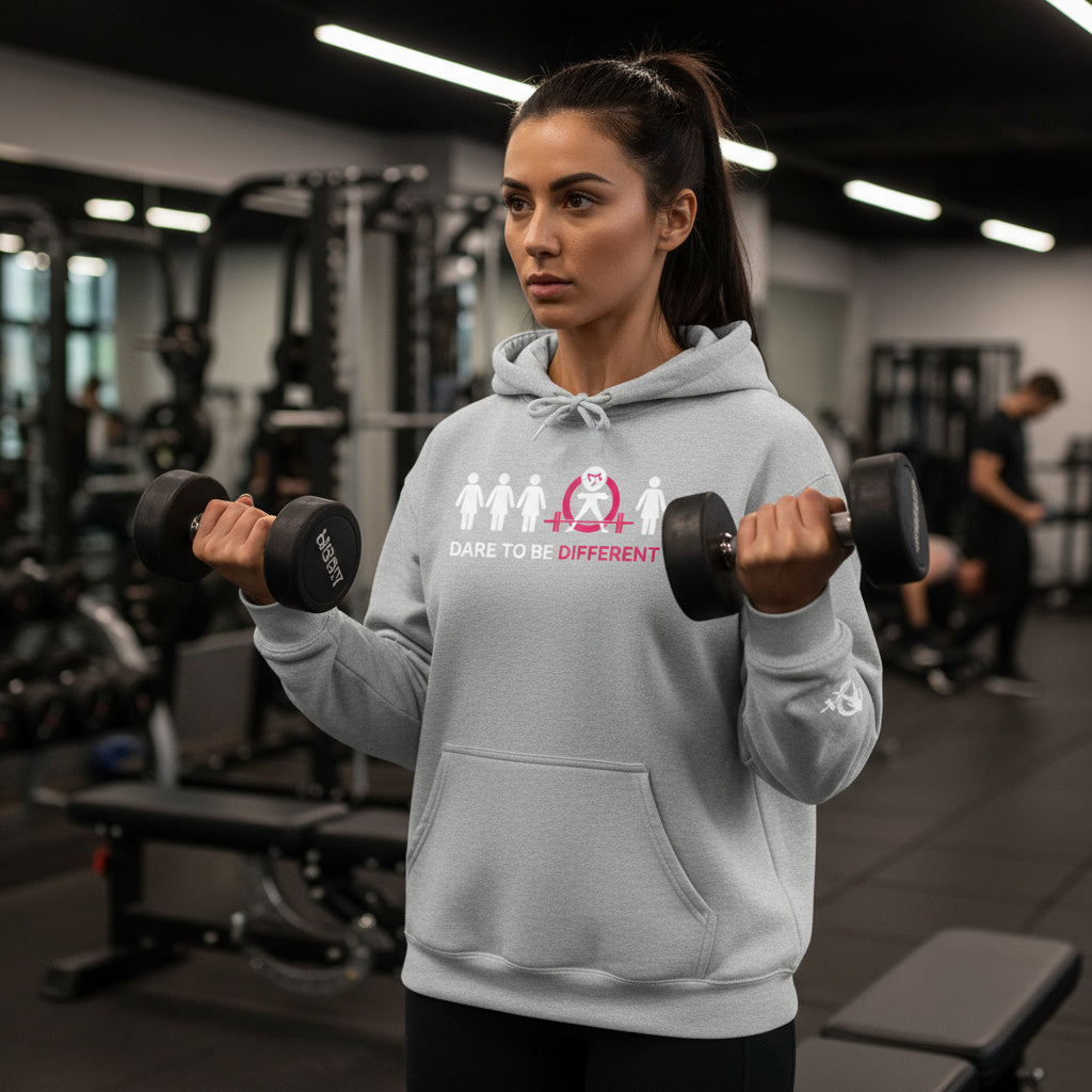 Dare To Be Different - Deadlift - Unisex Heavy Blend Hooded Sweatshirt - White Print on Front & Arm