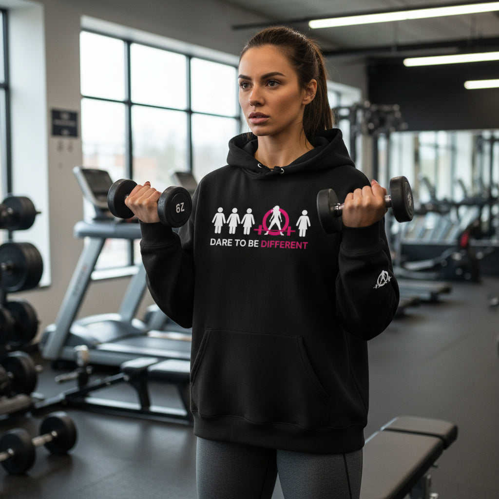 Dare To Be Different - Deadlift - Unisex Heavy Blend Hooded Sweatshirt - White Print on Front & Arm