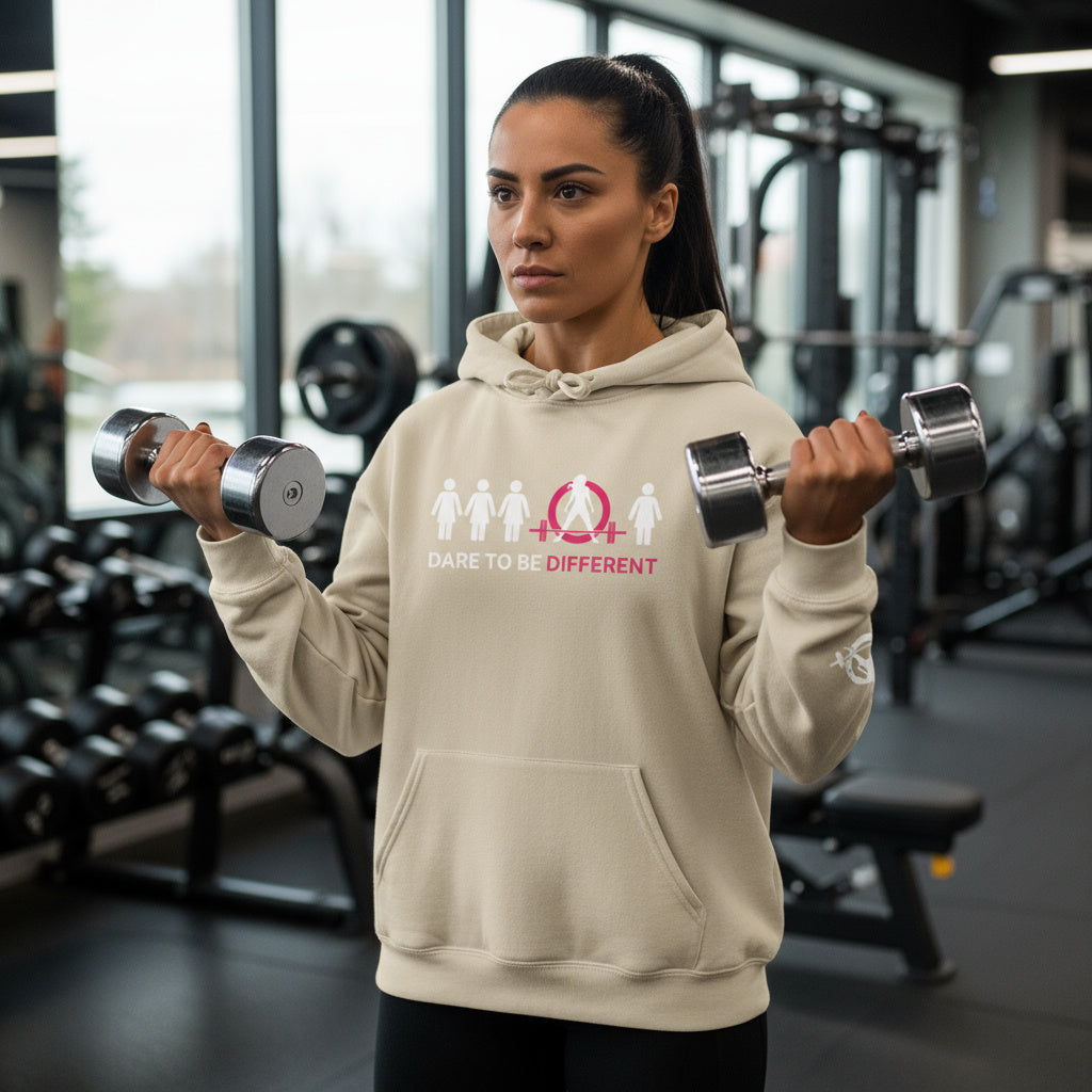 Dare To Be Different - Deadlift - Unisex Heavy Blend Hooded Sweatshirt - White Print on Front & Arm