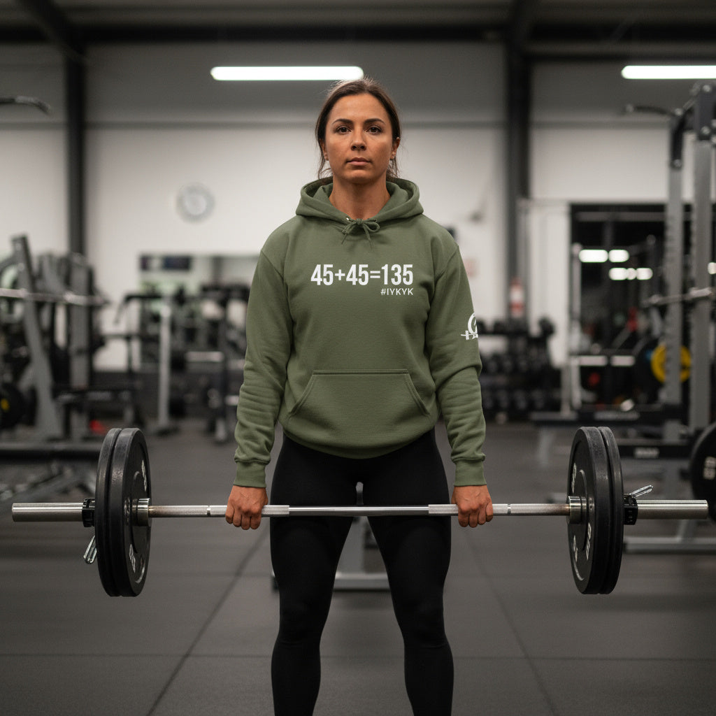 45 + 45 = 135  - Unisex Heavy Blend Hooded Sweatshirt  - White Logo Front & Arm - Plain Back