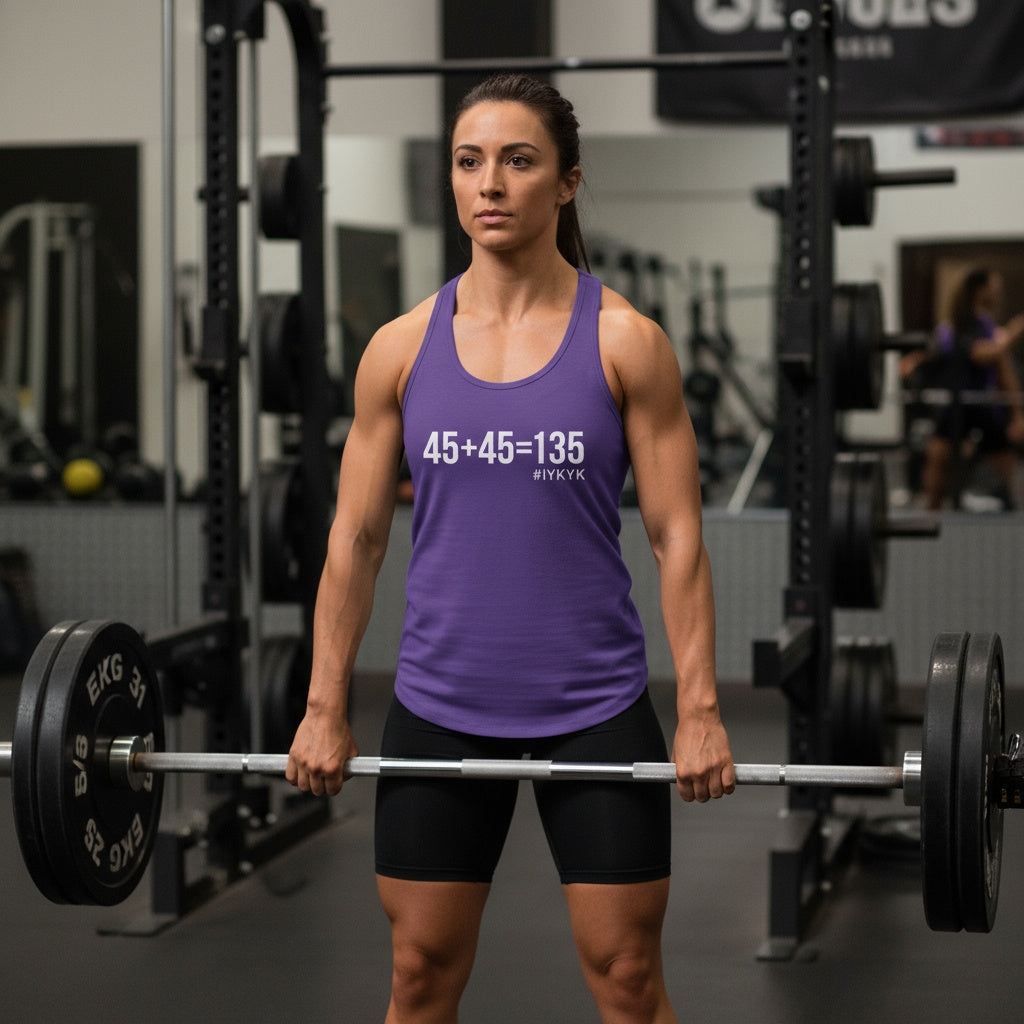 45 + 45 = 135 - Women's Ideal Racerback Tank - White Print Front