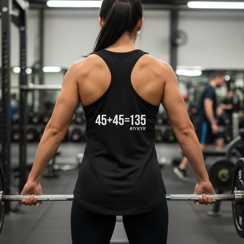 45 + 45 = 135 - Women's Ideal Racerback Tank - White Print Front & Back
