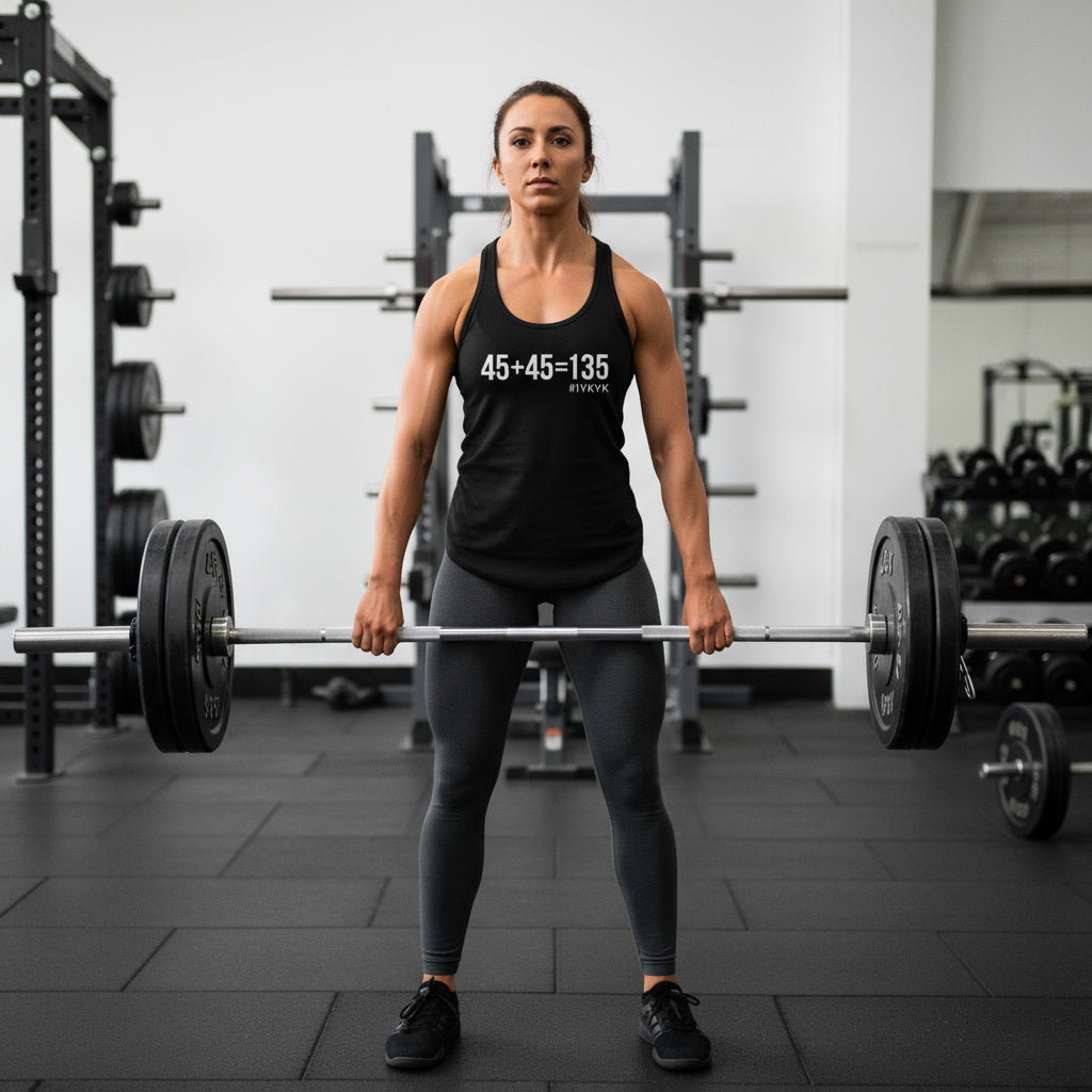 45 + 45 = 135 - Women's Ideal Racerback Tank - White Print Front