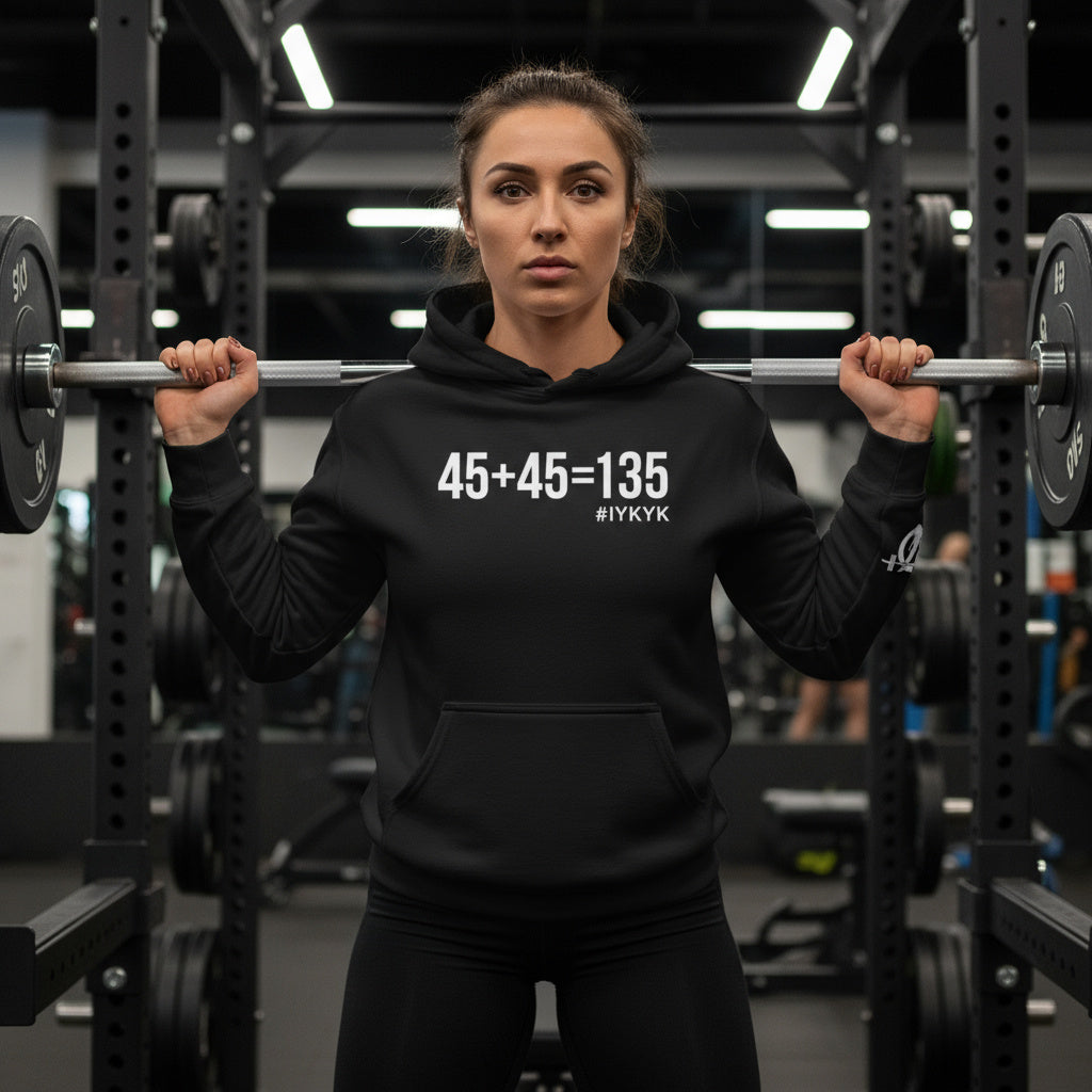 45 + 45 = 135  - Unisex Heavy Blend Hooded Sweatshirt  - White Logo Front & Arm - Plain Back