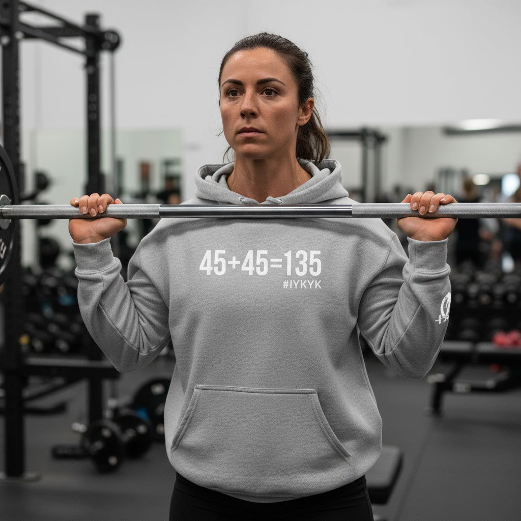 45 + 45 = 135  - Unisex Heavy Blend Hooded Sweatshirt  - White Logo Front & Arm - Plain Back