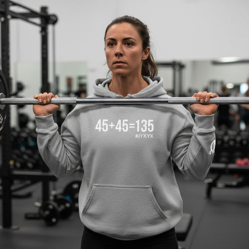 45 + 45 = 135  - Unisex Heavy Blend Hooded Sweatshirt  - White Logo Front & Arm - Plain Back