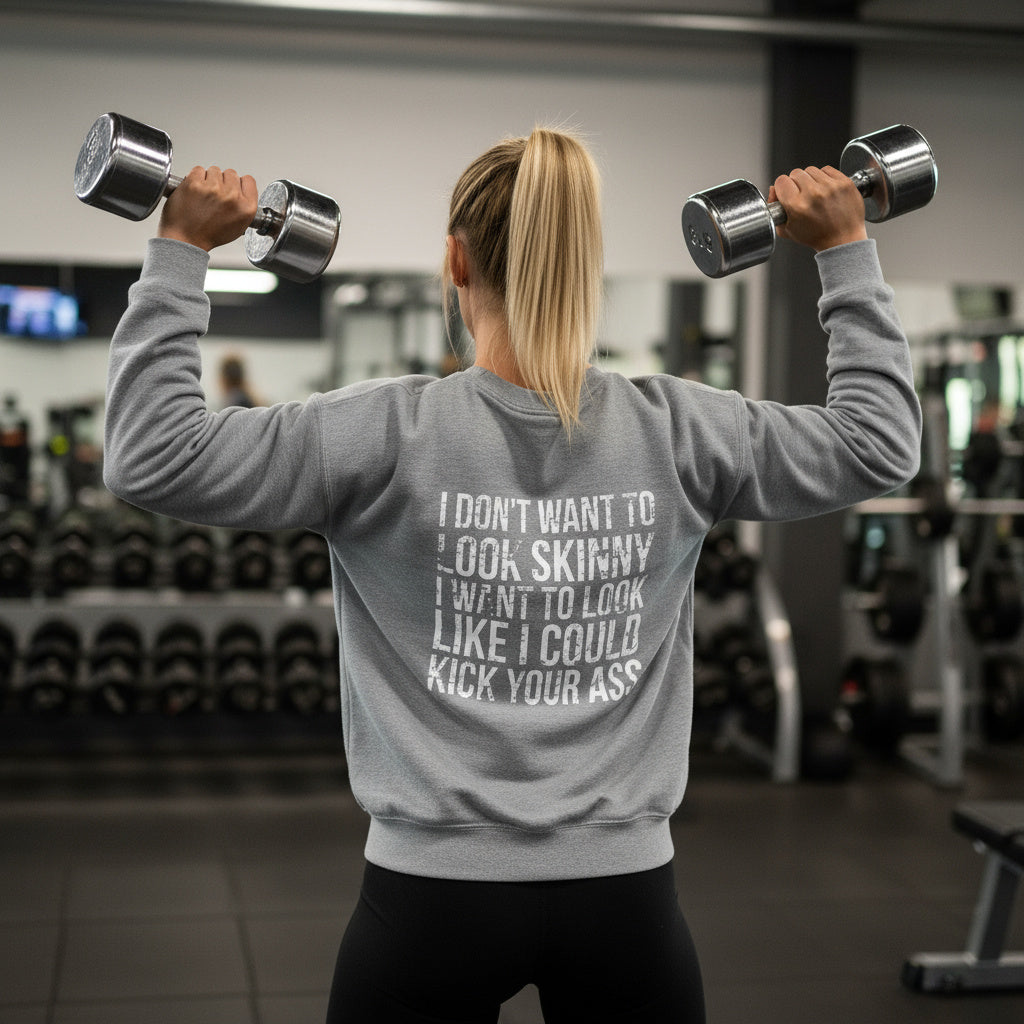 I DON’T WANT TO LOOK SKINNY I WANT TO LOOK LIKE I CAN KICK YOUR ASS - Unisex Heavy Blend™ Crewneck Sweatshirt - Distressed White Logo