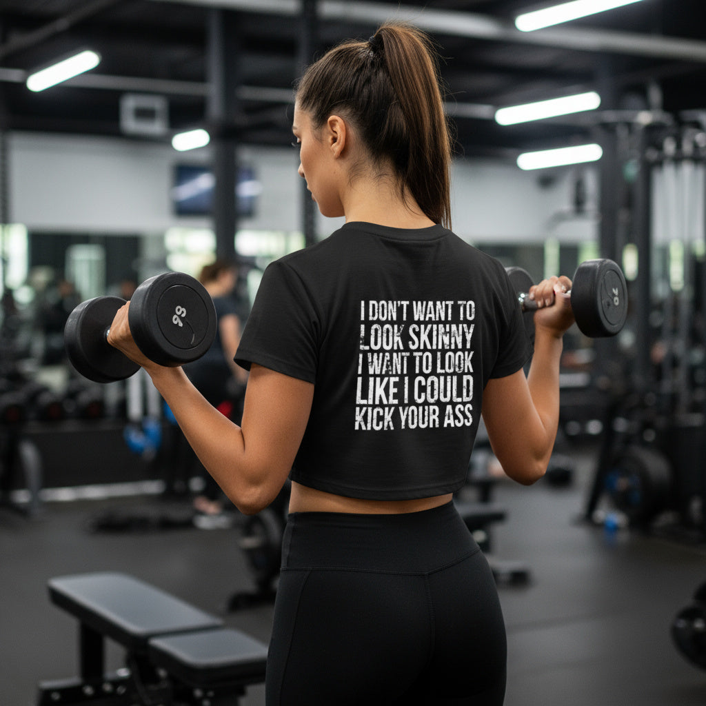 I DON’T WANT TO LOOK SKINNY I WANT TO LOOK LIKE I CAN KICK YOUR ASS – Champion Women's Heritage Cropped T-Shirt – White Distressed Log