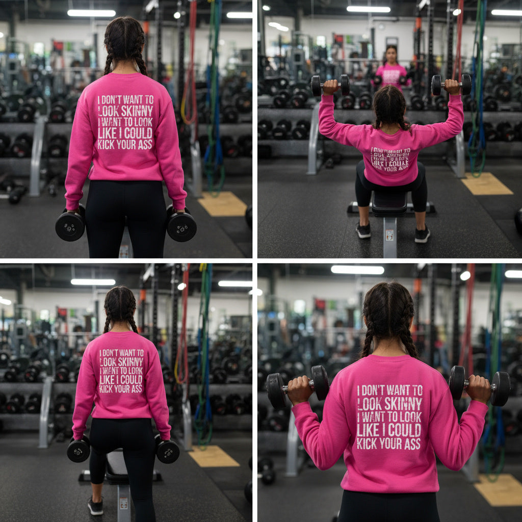 I DON’T WANT TO LOOK SKINNY I WANT TO LOOK LIKE I CAN KICK YOUR ASS - Unisex Heavy Blend™ Crewneck Sweatshirt - Distressed White Logo