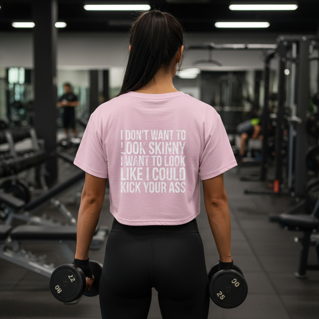 I DON’T WANT TO LOOK SKINNY I WANT TO LOOK LIKE I CAN KICK YOUR ASS – Champion Women's Heritage Cropped T-Shirt – White Distressed Log