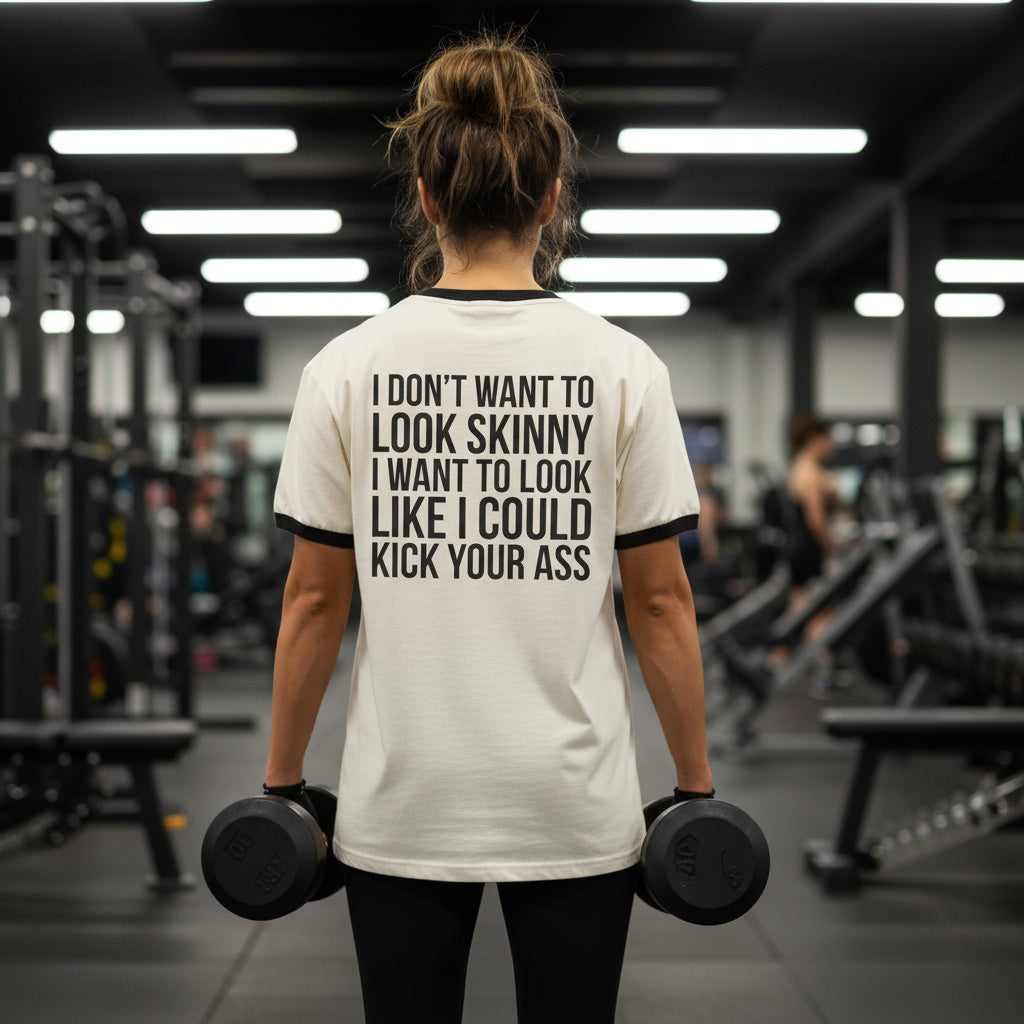I DON’T WANT TO LOOK SKINNY I WANT TO LOOK LIKE I CAN KICK YOUR ASS – Unisex Cotton Ringer T-Shirt – Black Classic Logo Front & Back