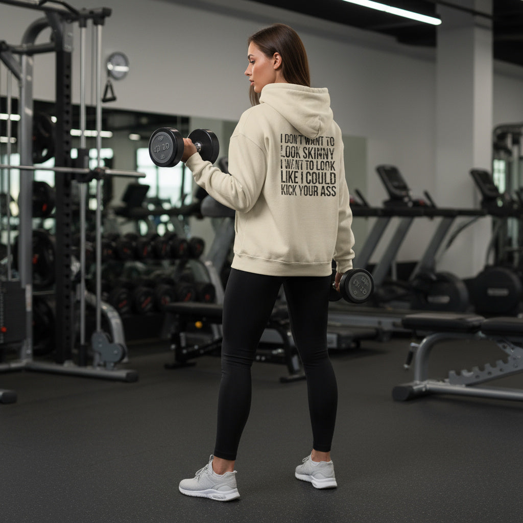I DON’T WANT TO LOOK SKINNY – Unisex Heavy Blend™ Hooded Sweatshirt (White Logo) 🤍💪🔥