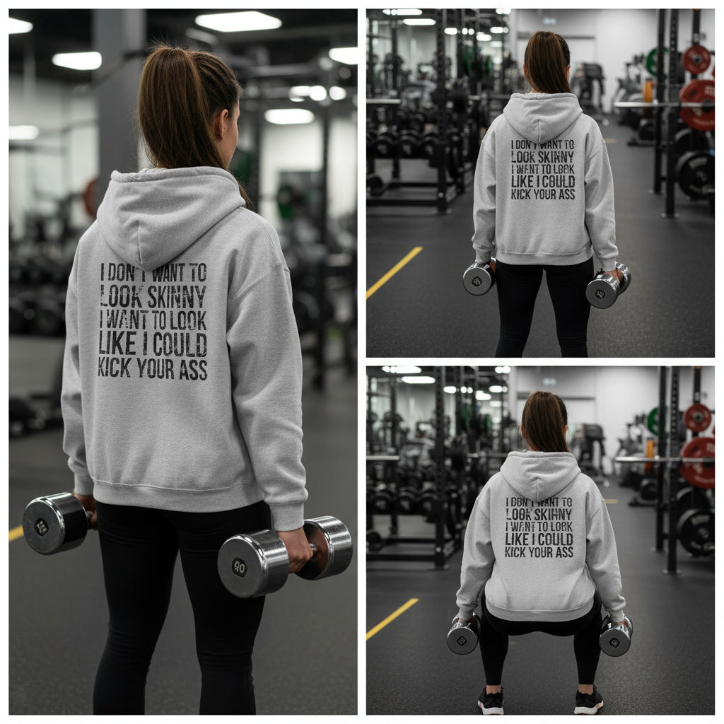 I DON’T WANT TO LOOK SKINNY – Unisex Heavy Blend™ Hooded Sweatshirt (White Logo) 🤍💪🔥