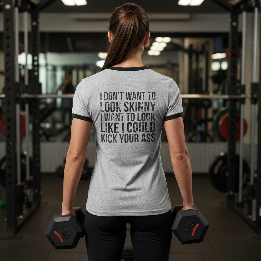 I DON’T WANT TO LOOK SKINNY I WANT TO LOOK LIKE I CAN KICK YOUR ASS - Unisex Cotton Ringer T-Shirt - Black Distressed Logo Front & Back