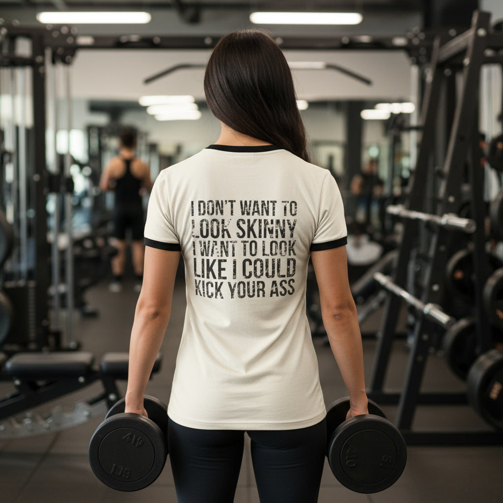 I DON’T WANT TO LOOK SKINNY I WANT TO LOOK LIKE I CAN KICK YOUR ASS - Unisex Cotton Ringer T-Shirt - Black Distressed Logo Front & Back