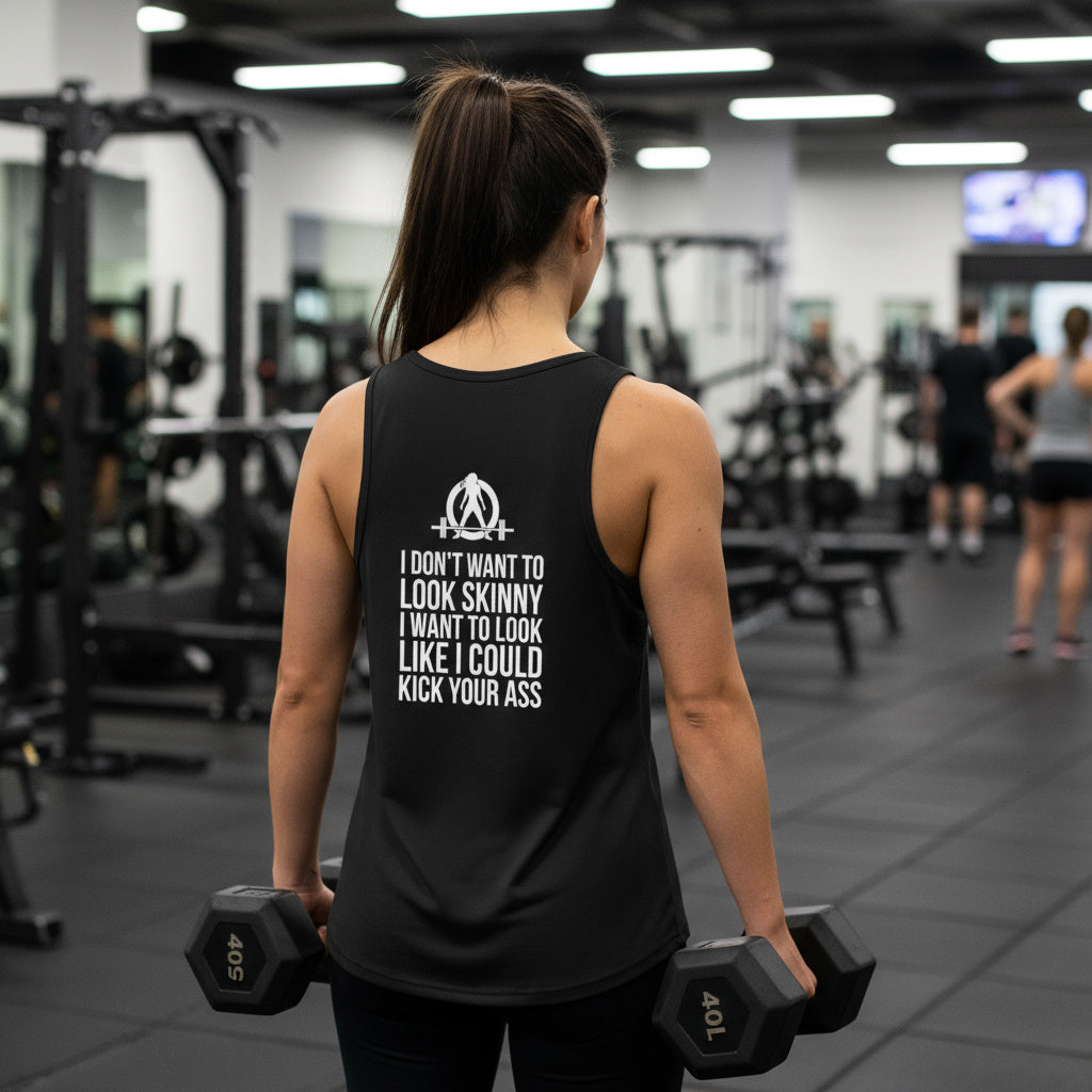 I DON’T WANT TO LOOK SKINNY I WANT TO LOOK LIKE I CAN KICK YOUR ASS – WWLW White Logo Unisex Heavy Cotton Tank Top