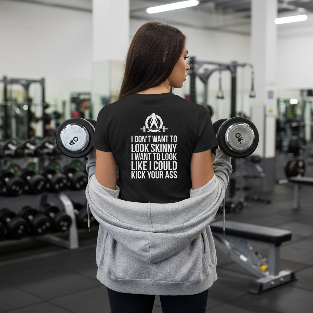 I DON’T WANT TO LOOK SKINNY I WANT TO LOOK LIKE I CAN KICK YOUR ASS - Women's Softstyle Tee - WWLW White Logo