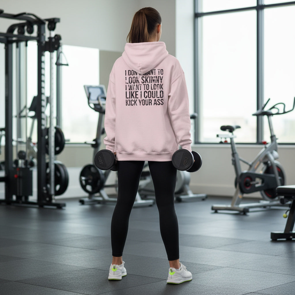 I DON’T WANT TO LOOK SKINNY – Unisex Heavy Blend™ Hooded Sweatshirt (White Logo) 🤍💪🔥