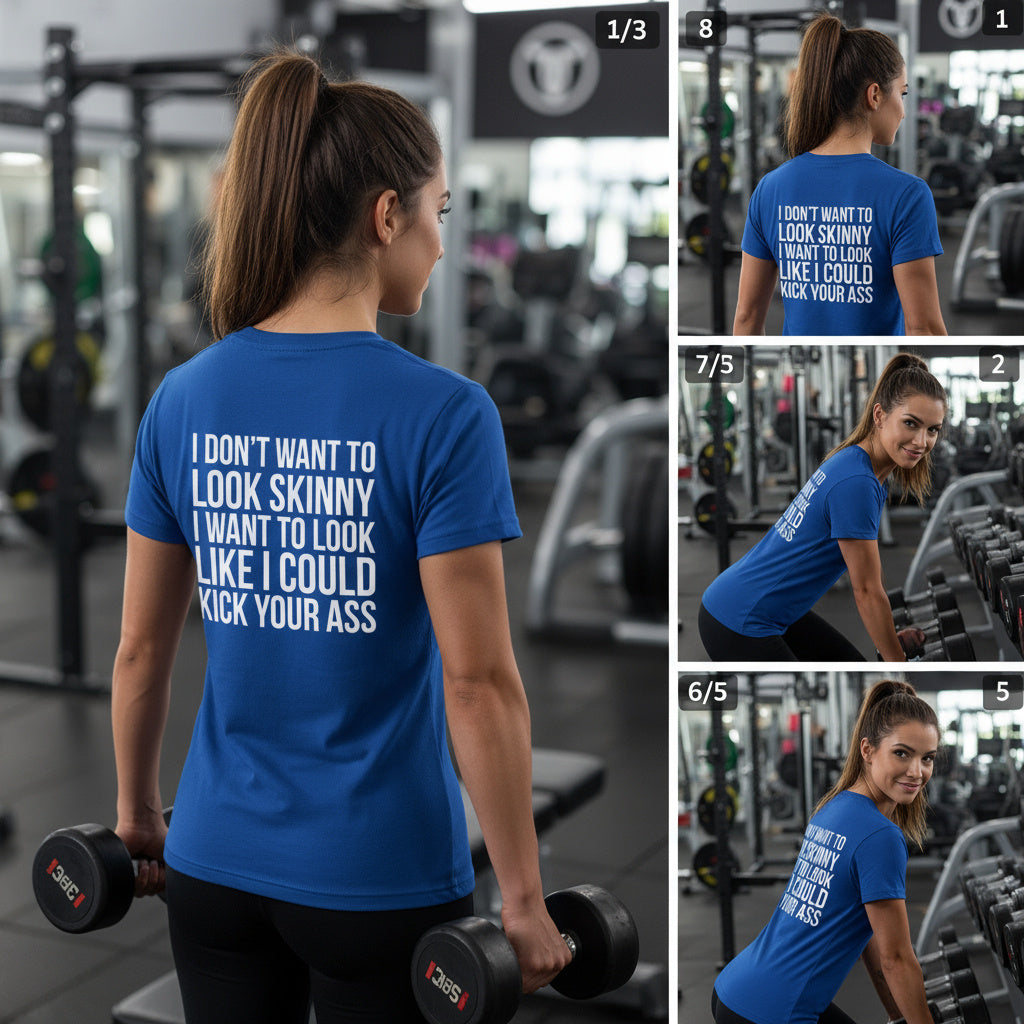 I DON’T WANT TO LOOK SKINNY I WANT TO LOOK LIKE I CAN KICK YOUR ASS  - Unisex Softstyle T-Shirt - White Print on Front Plain Back