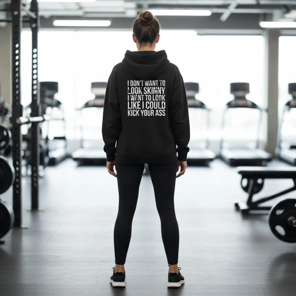 I DON’T WANT TO LOOK SKINNY – Unisex Heavy Blend™ Hooded Sweatshirt (Black Distressed Logo) 🖤💪🔥