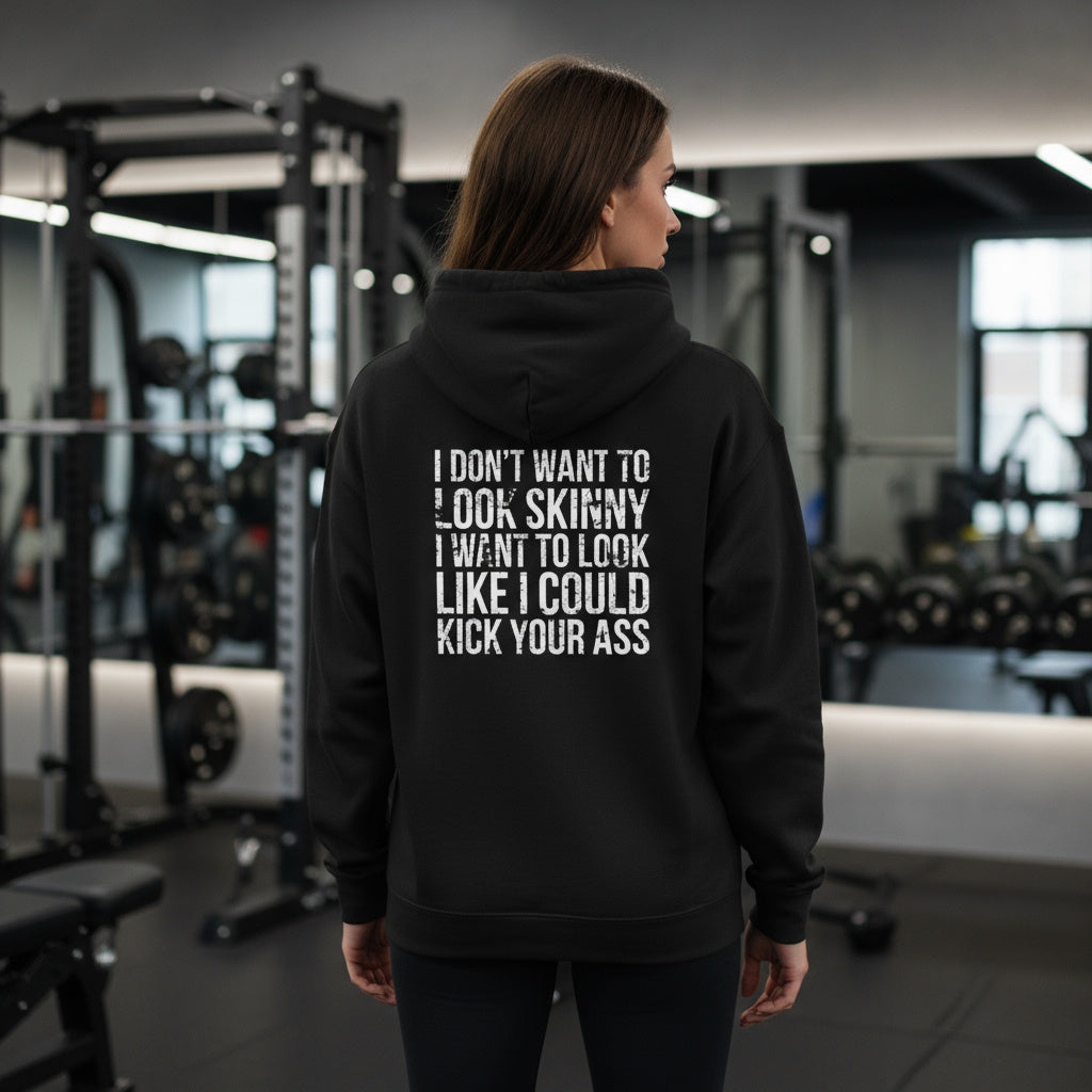 I DON’T WANT TO LOOK SKINNY – Unisex Heavy Blend™ Hooded Sweatshirt (Black Distressed Logo) 🖤💪🔥