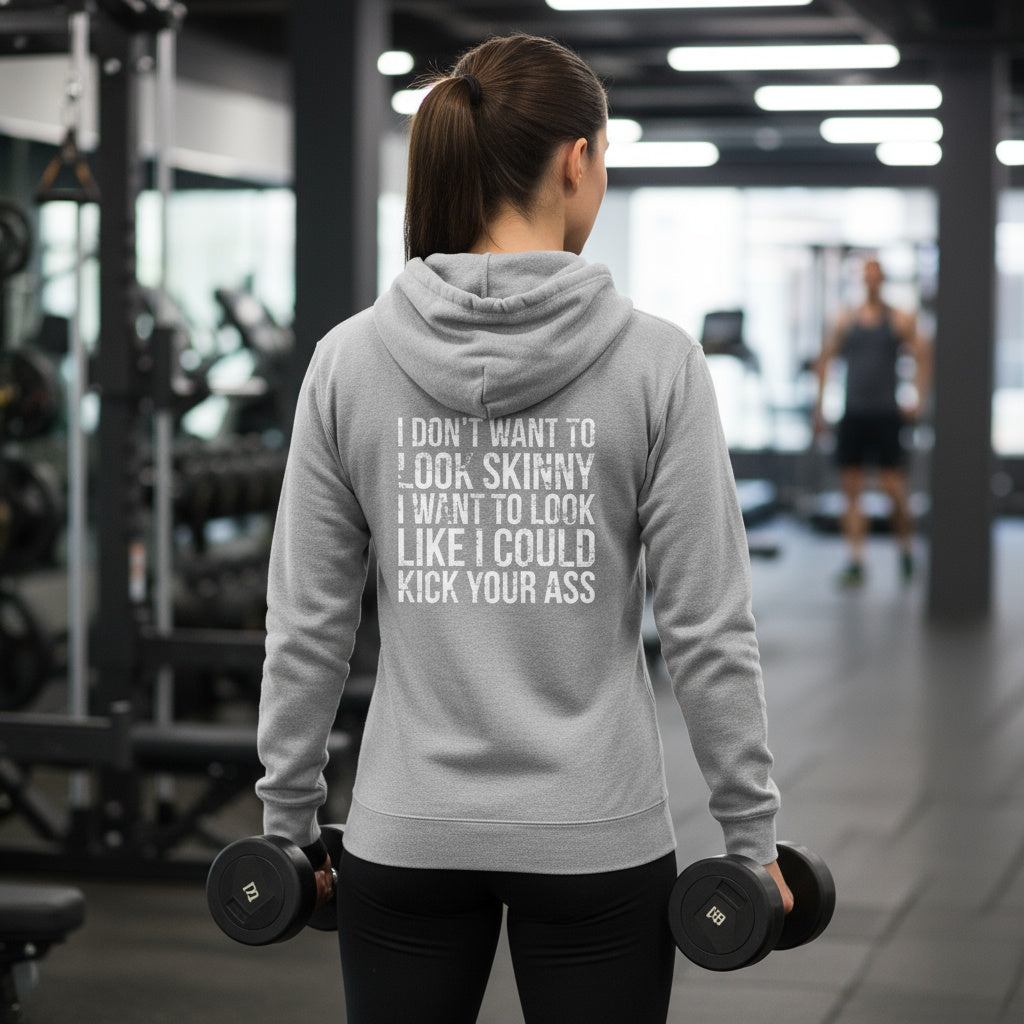 I DON’T WANT TO LOOK SKINNY I WANT TO LOOK LIKE I CAN KICK YOUR ASS – White Distressed Logo Unisex Heavy Blend™ Full Zip Hooded Sweatshirt
