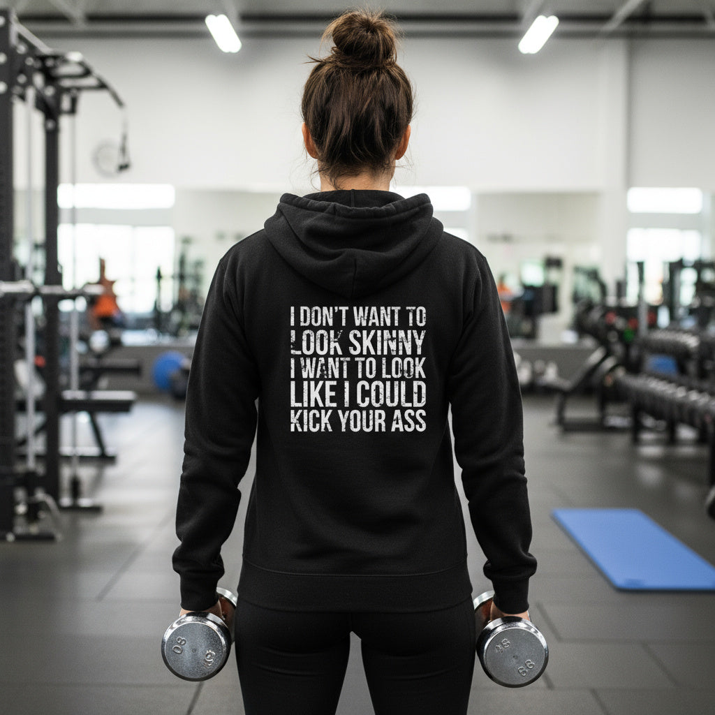 I DON’T WANT TO LOOK SKINNY I WANT TO LOOK LIKE I CAN KICK YOUR ASS – White Distressed Logo Unisex Heavy Blend™ Full Zip Hooded Sweatshirt