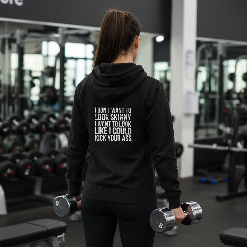 I DON’T WANT TO LOOK SKINNY I WANT TO LOOK LIKE I CAN KICK YOUR ASS – White Distressed Logo Unisex Heavy Blend™ Full Zip Hooded Sweatshirt