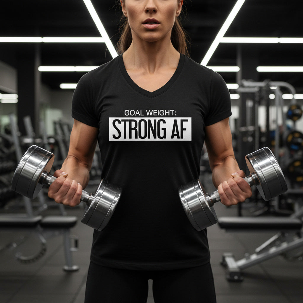 Goal Weight Strong AF - Unisex Jersey Short Sleeve V-Neck Tee - Front Logo - Plain Back